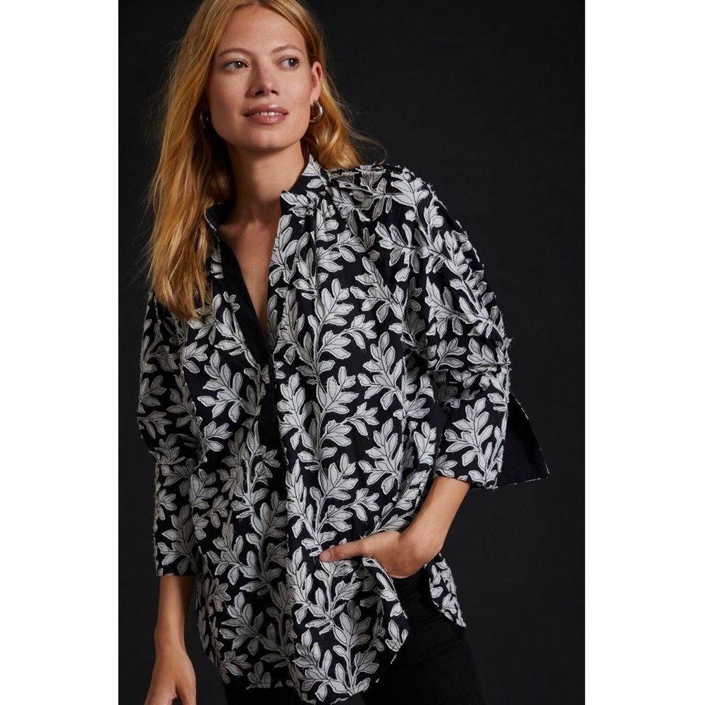 by Anthropologie Popover Blouse Top Black Grey Nwt NEW ANTHRO boho embroidered
